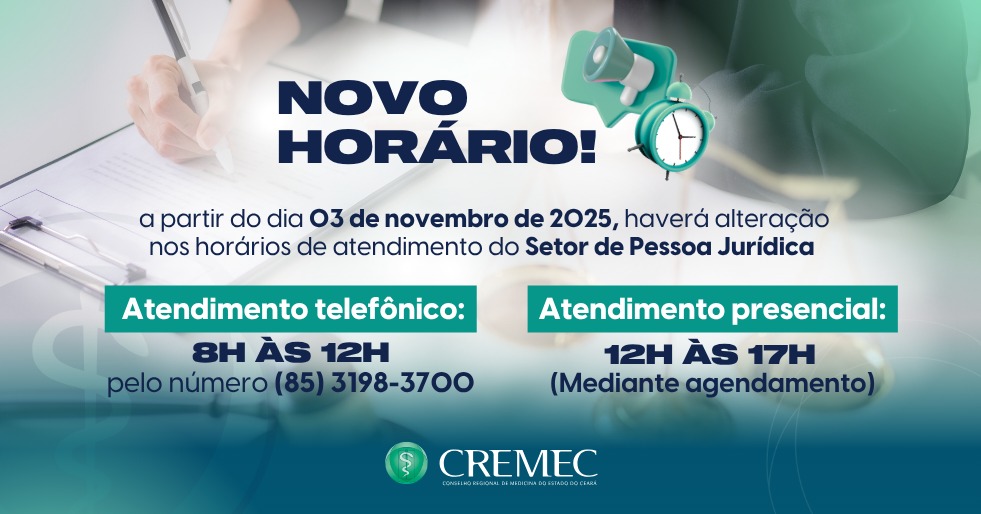 Novo horário de atendimento do Setor de Pessoa Jurídica.